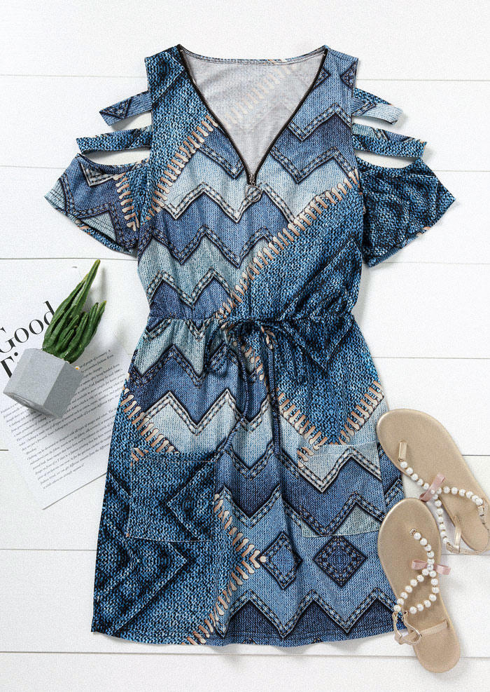 

Mini Dresses Zigzag Pocket Hollow Out Zipper Collar Mini Dress in Blue. Size