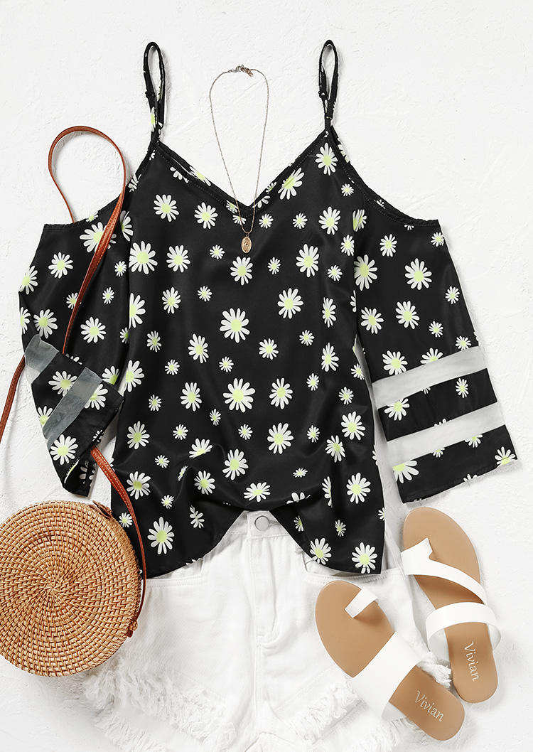 

Blouses Daisy Mesh Splicing V-Neck Blouse in Black. Size