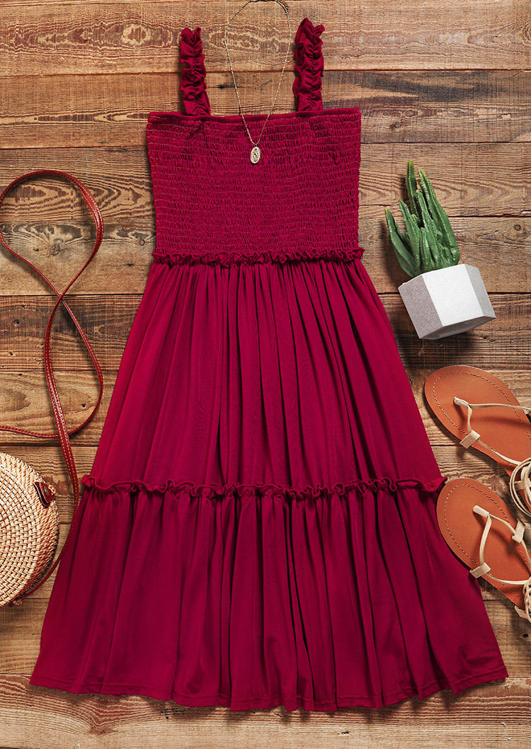Mini Dresses Ruffled Smocked Sleeveless Mini Dress - Burgundy in Red. Size: M