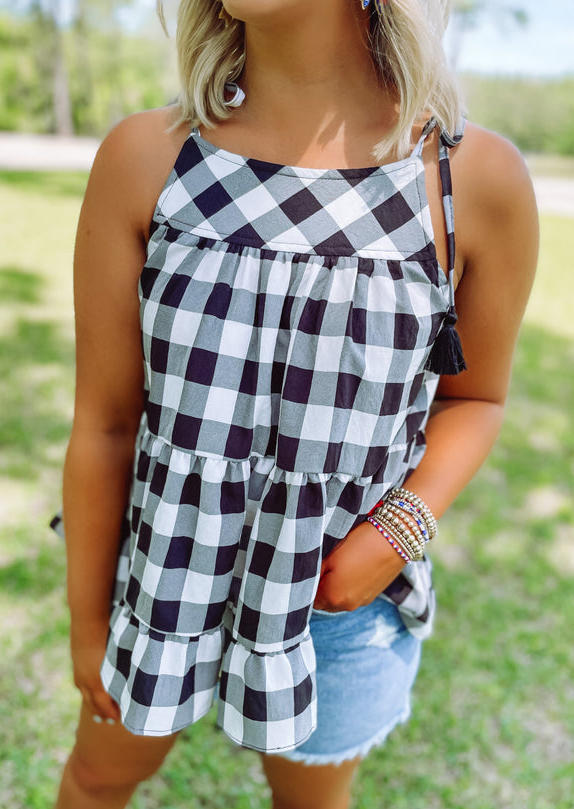 Plaid Tassel Ruffled Tie Camisole