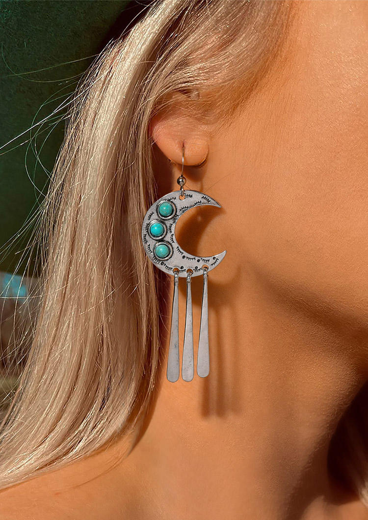 Earrings Moon Turquoise Tassel Alloy Earrings in Silver. Size: One Size