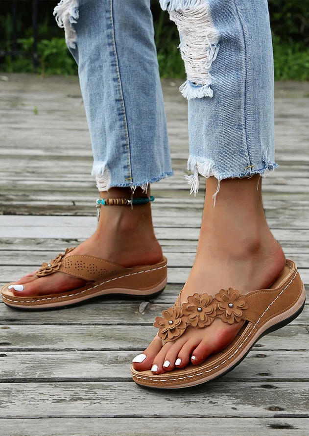 

Slippers Floral Hollow Out Wedge Flip Flops Slippers in Dark Brown. Size
