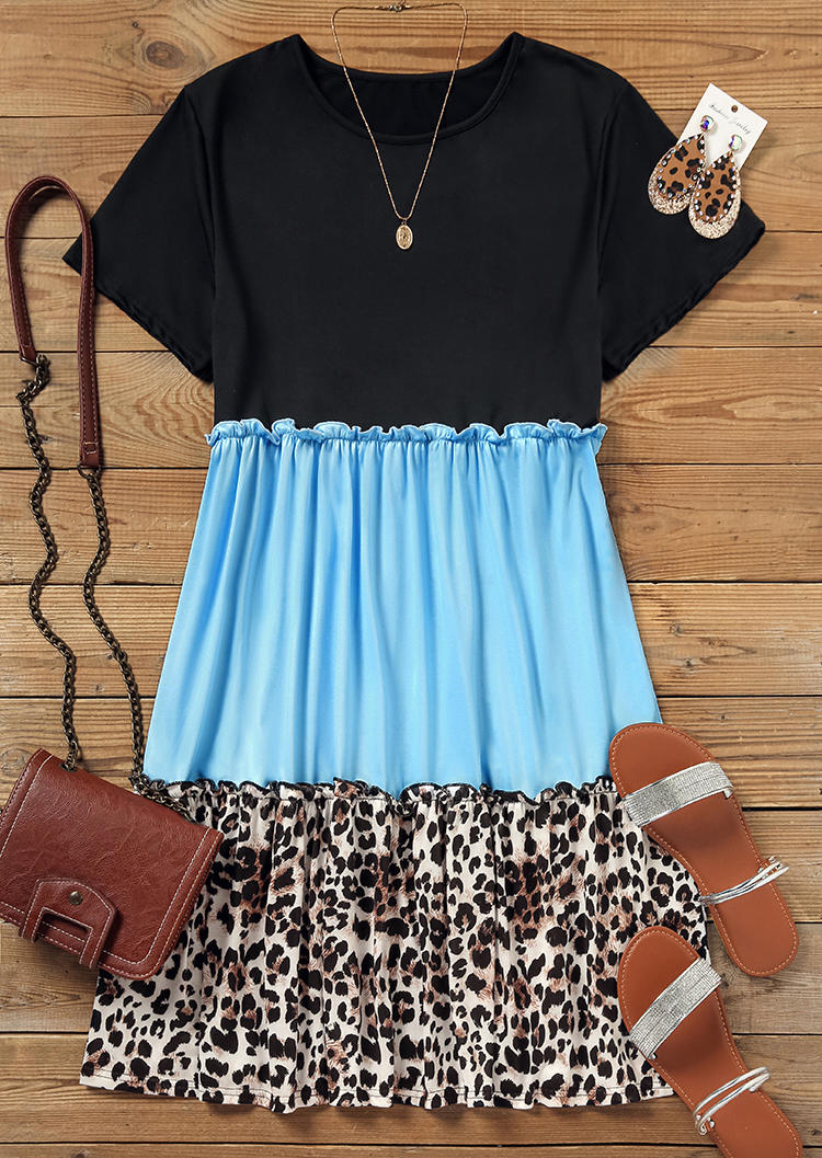 Mini Dresses Leopard Color Block O-Neck Mini Dress in Multicolor. Size: 2XL,3XL,S,XL