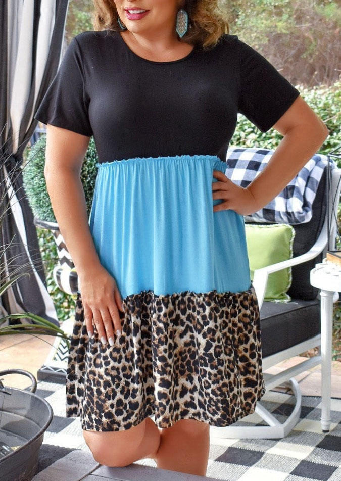 Leopard Color Block O-Neck Mini Dress