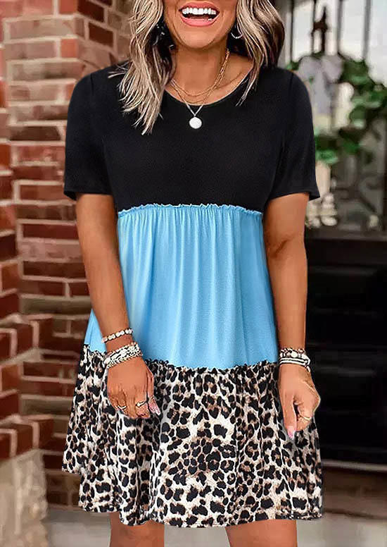 Leopard Color Block O-Neck Mini Dress