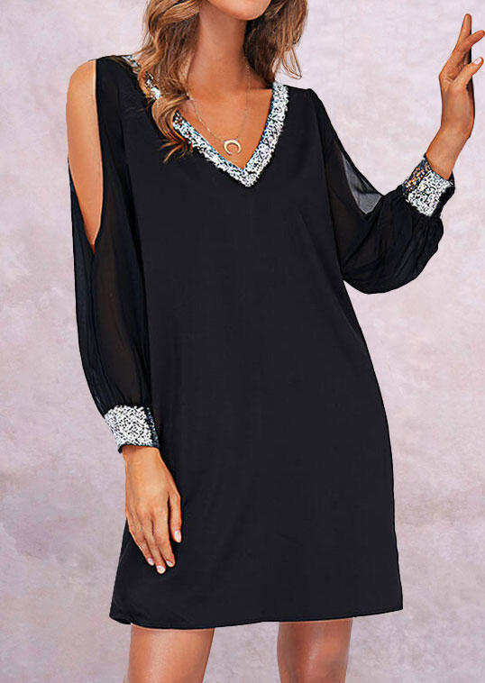 

Mini Dresses Sequined Button Long Sleeve Cold Shoulder Mini Dress in Black. Size