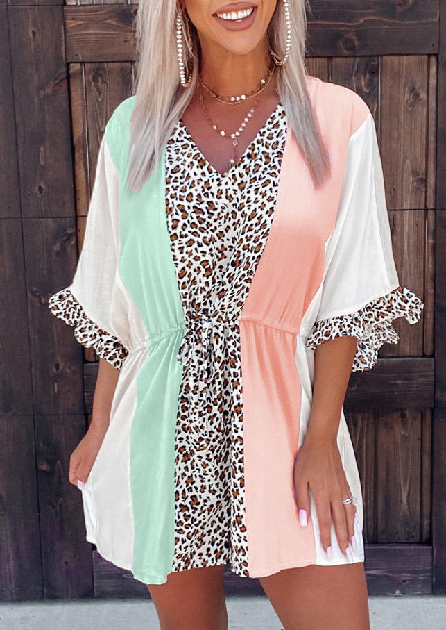 

Jumpsuits & Rompers Color Block Leopard Ruffled V-Neck Romper in Multicolor. Size