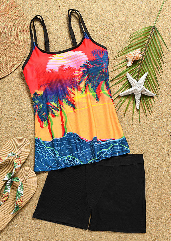 

Tankinis Coconut Tree Sunrise Hollow Out Tankini Set in Multicolor. Size