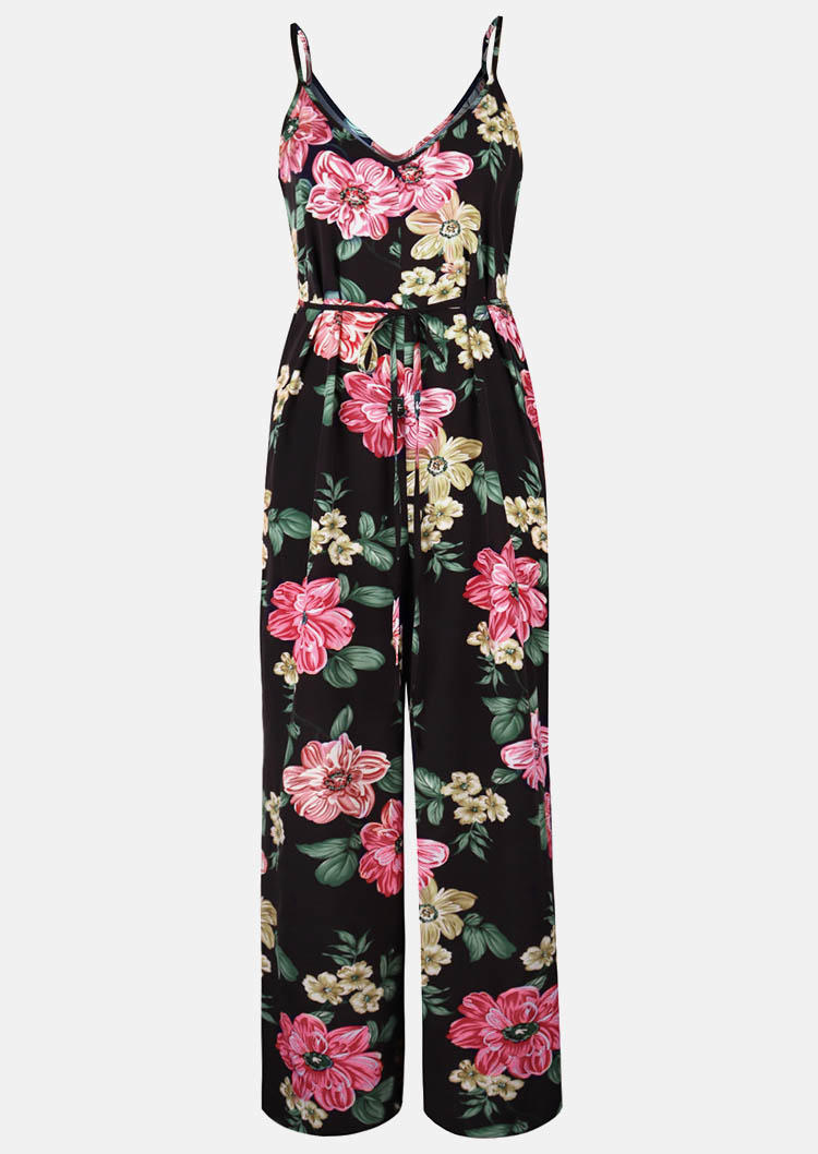 

Jumpsuits & Rompers Floral Spaghetti Strap V-Neck Jumpsut in Black. Size