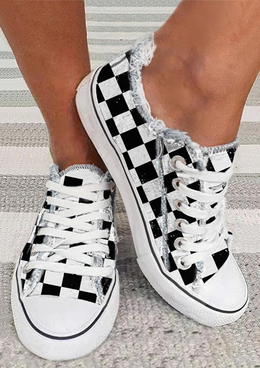Checkered Plaid Lace Up Frayed Flat Sneakers - White
