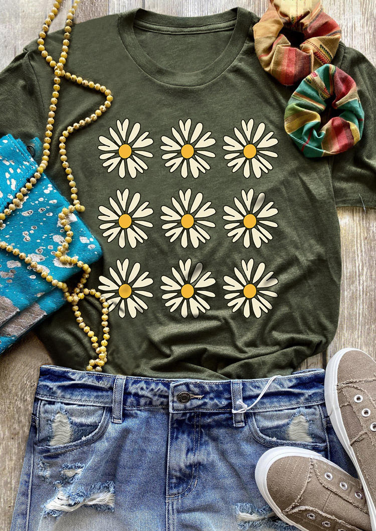 T-shirts Tees Daisy O-Neck Casual T-Shirt Tee - Army Green in Green. Size: L