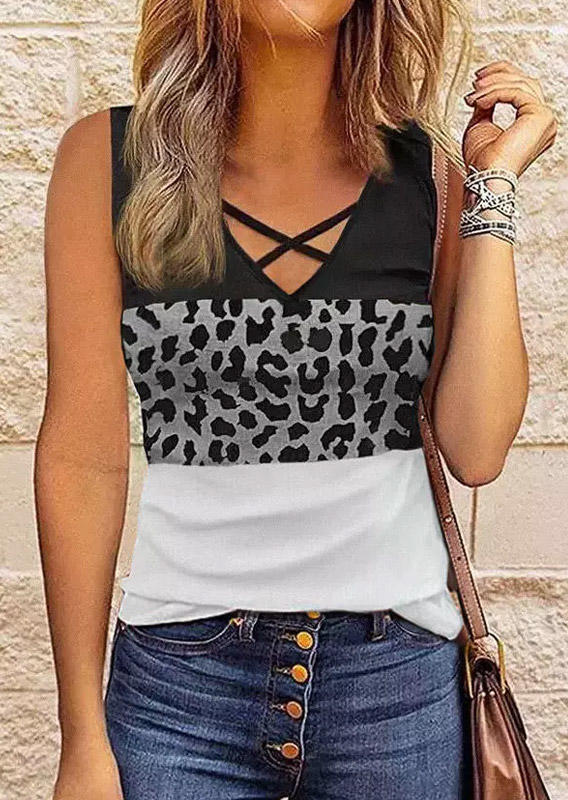 

Tank Tops Leopard Color Block Criss-Cross Tank Top in Gray. Size: ,M