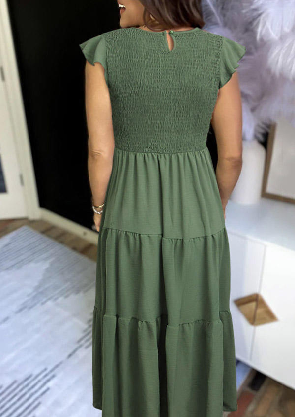 Maxi Dresses Ruffled Hollow Out Smocked O-Neck Maxi Dress - Army Green in Green. Size: M