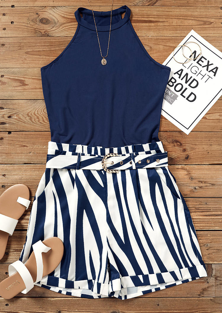 Two-Piece Sets Camisole And Zebra Pocket Shorts Two-Piece Set With Belt - Navy Blue in Blue. Size: XL