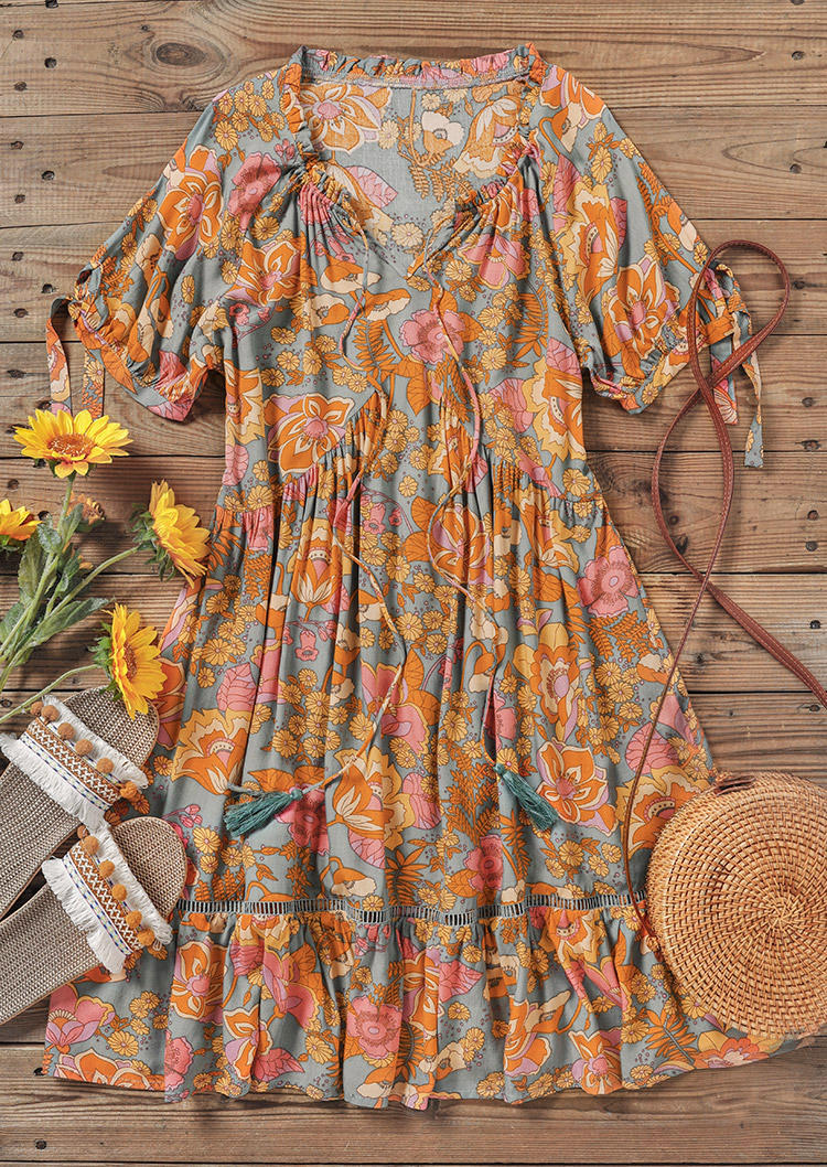 

Mini Dresses Floral Tassel Ruffled Tie Mini Dress in Multicolor. Size
