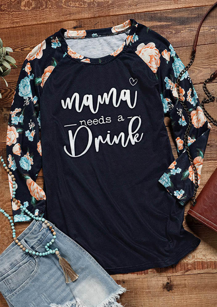 T-shirts Tees Mama Needs A Drink Heart Floral O-Neck T-Shirt Tee in Black. Size: M,S