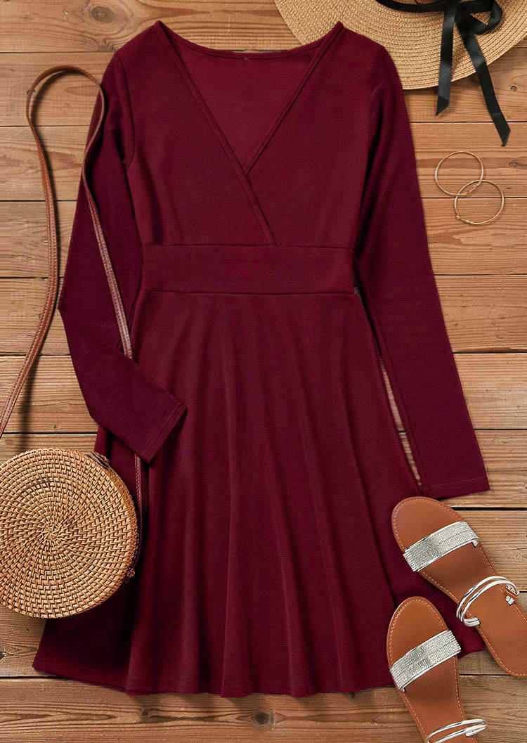 Mini Dresses Mesh Splicing Wrap V-Neck Mini Dress - Burgundy in Red. Size: L,XL