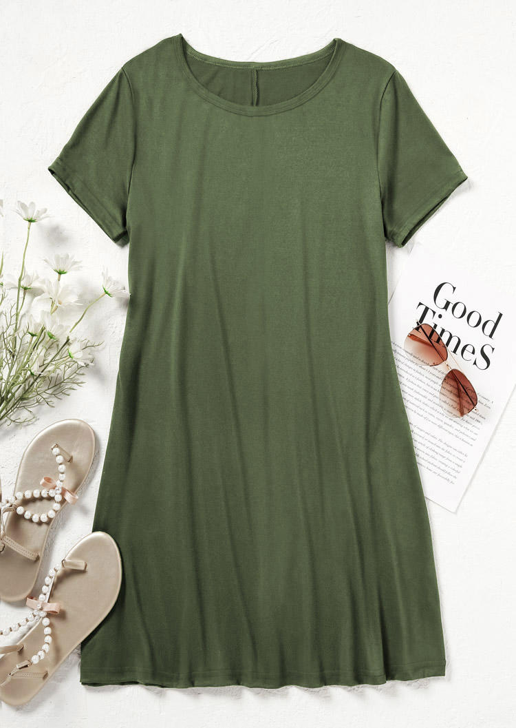 

Mini Dresses Short Sleeve O-Neck Mini Dress in Army Green. Size