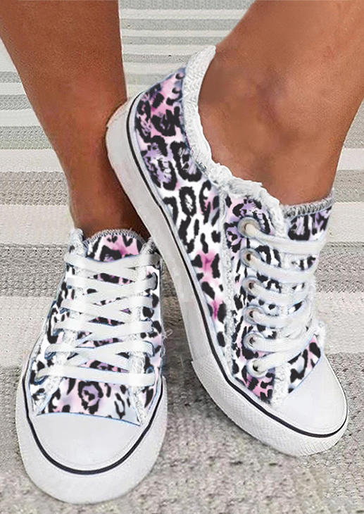 Leopard Lace Up Frayed Flat Sneakers
