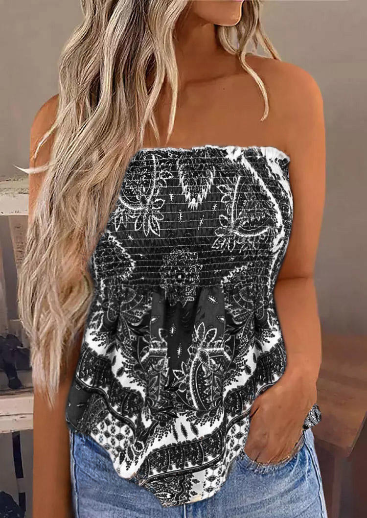

Tank Tops Tribal Western Smocked Strapless Bandeau Tank Top in Black. Size