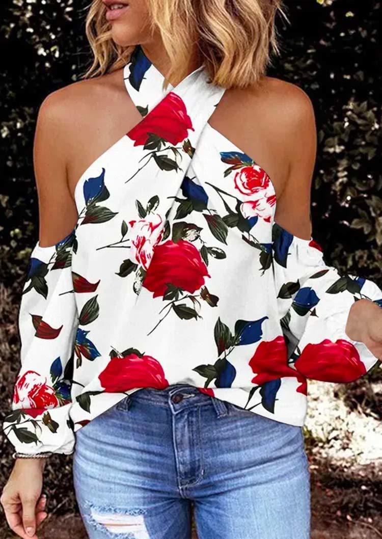 

Blouses Rose Criss-Cross Halter Cold Shoulder Blouse in White. Size: ,M,L,XL