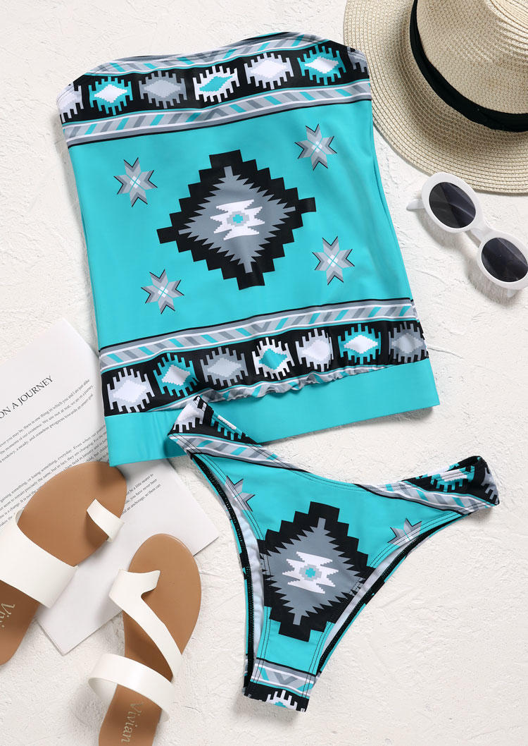 

Tankinis Aztec Geometric Strapless Bandeau Tankini Set - Cyan in Blue. Size: L