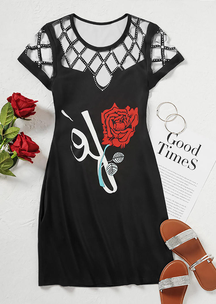 

Mini Dresses Rose Glitter Hollow Out Pocket Mini Dress in Black. Size