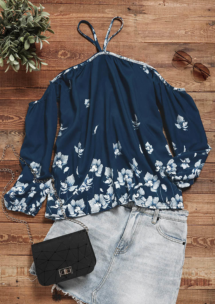 

Blouses Floral Halter Off Shoulder Blouse - Deep Blue in Blue. Size