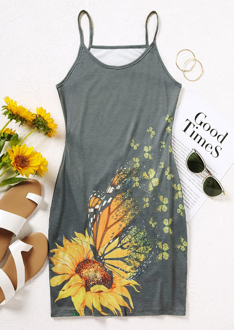 Mini Dresses Sunflower Butterfly Pocket Mini Dress in Gray. Size: L,M,XL