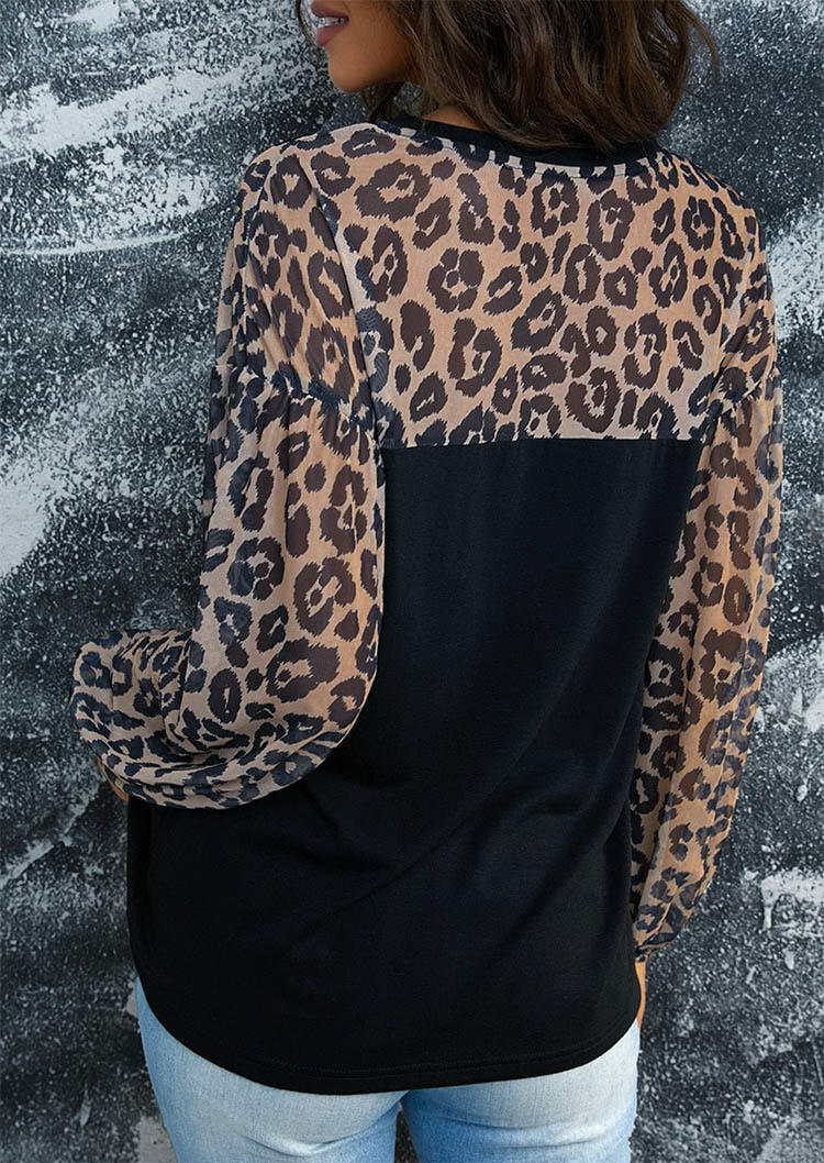 Leopard Long Sleeve O-Neck Blouse - Black