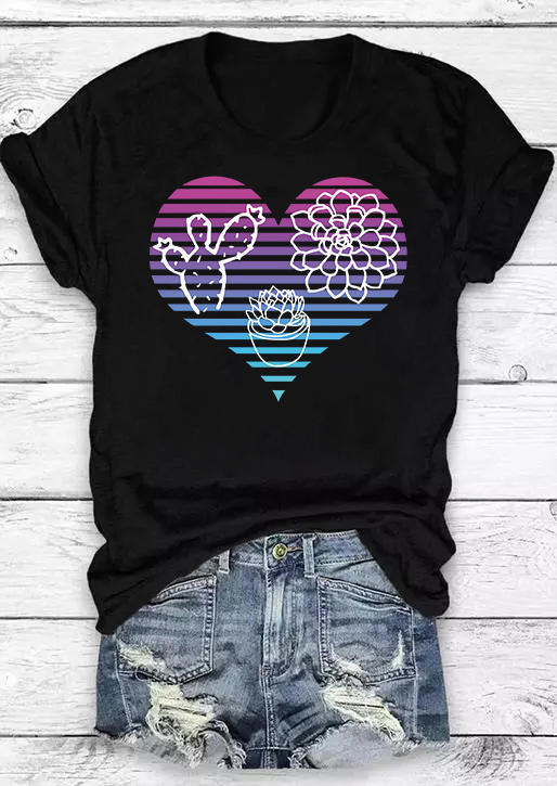 T-shirts Tees Floral Cactus Heart O-Neck T-Shirt Tee in Black. Size: L,M,XL