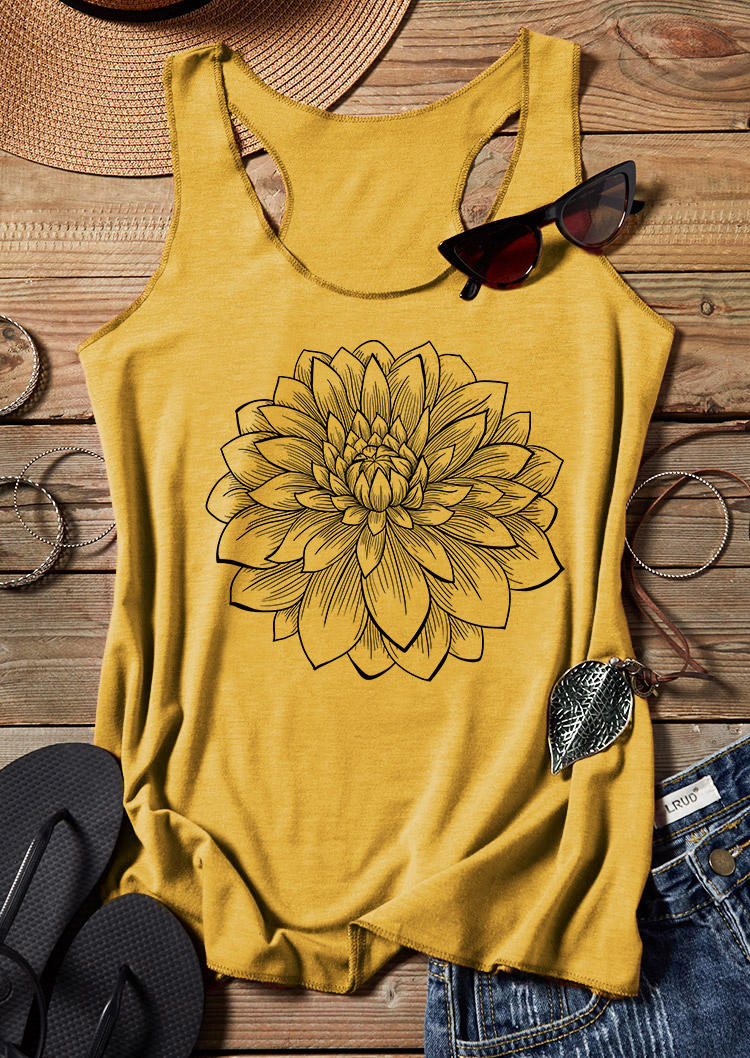 

Tank Tops Dahlia Floral O-Neck Racerback Tank Top in Yellow. Size: ,M,L