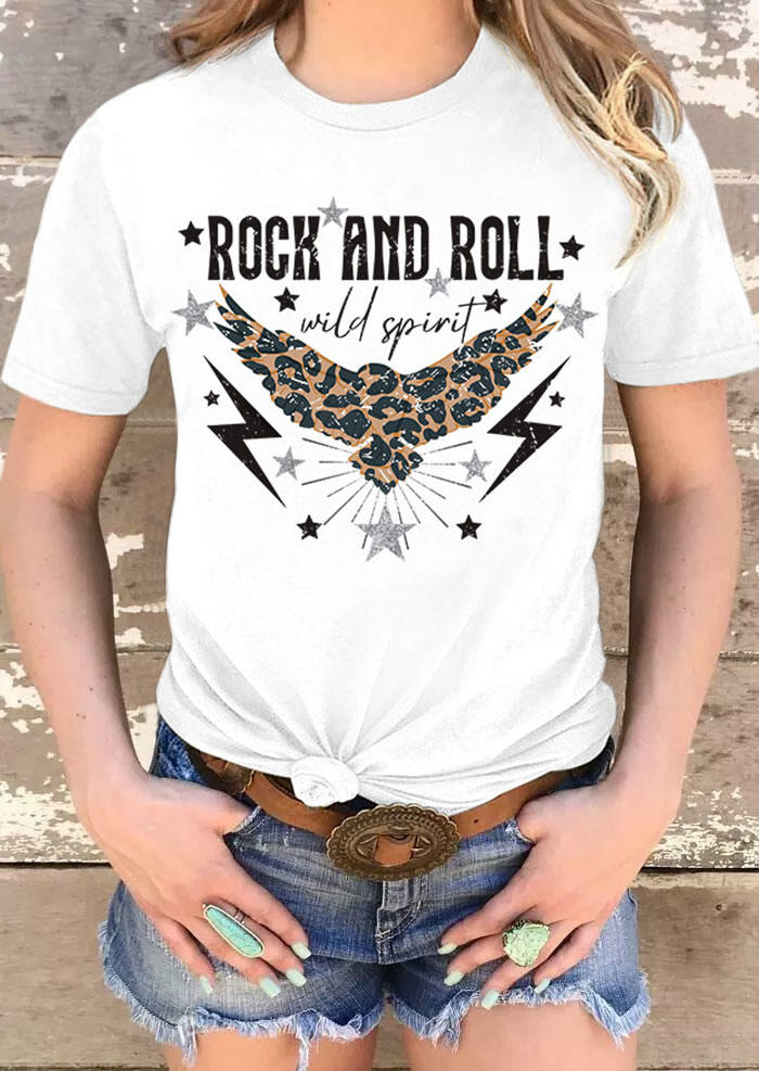 Rock And Roll Wild Spirit Leopard  O-Neck T-Shirt Tee - White