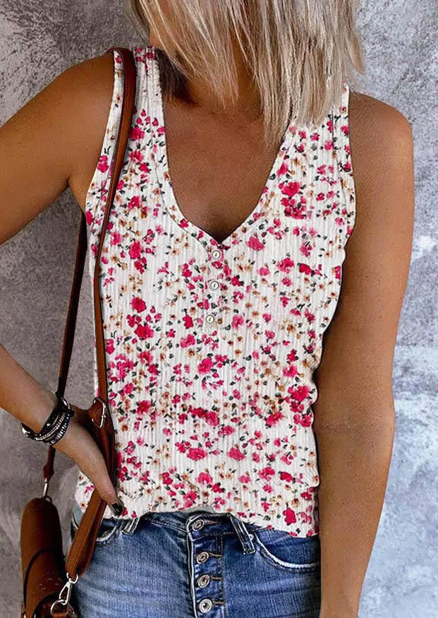 

Tank Tops Floral Button V-Neck Tank Top in White. Size