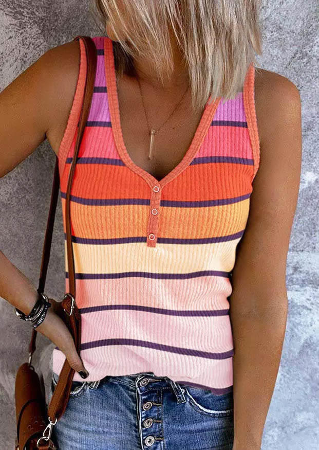 

Tank Tops Gradient Striped Snap Button Casual Tank Top in Multicolor. Size