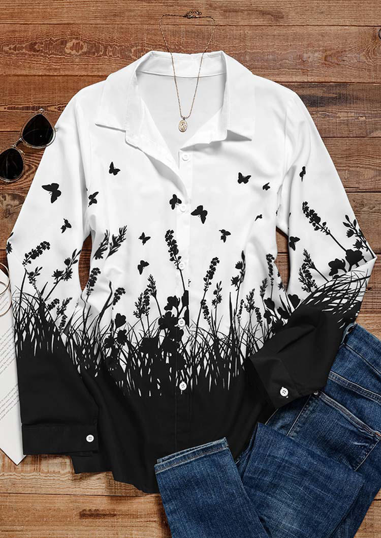 Shirts Floral Butterfly Button Long Sleeve Shirt in White. Size: L,M,XL