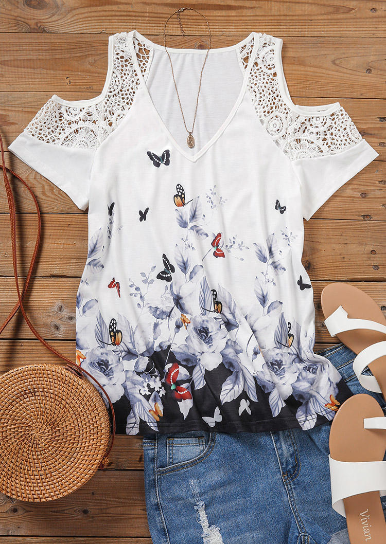 Blouses Floral Butterfly Lace Splicing Cold Shoulder Blouse in White. Size: M,XL
