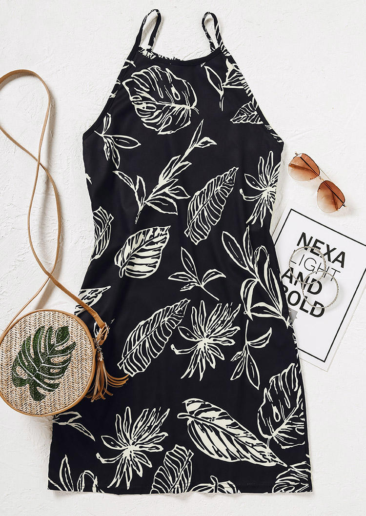 

Mini Dresses Floral Leaf Spaghetti Strap Mini Dress in Black. Size