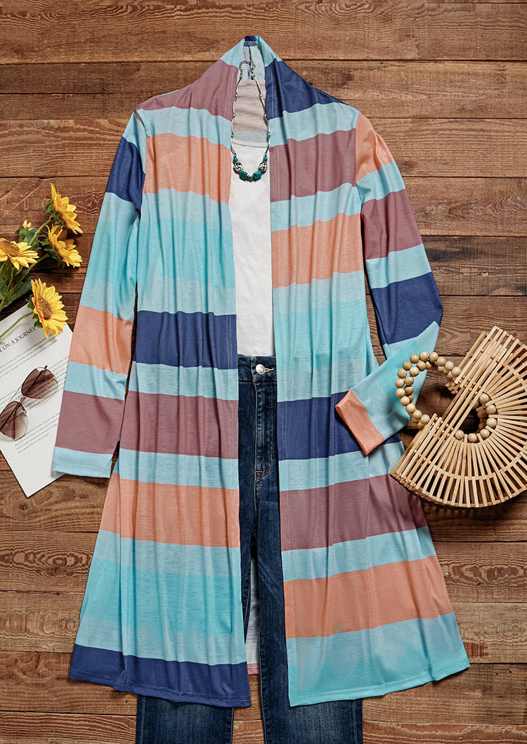 Cardigans Colorful Striped Long Sleeve Open Front Cardigan in Multicolor. Size: L,M