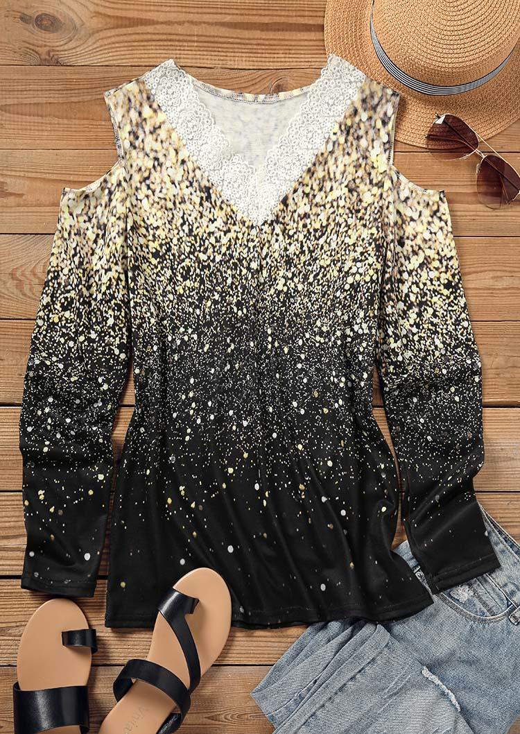 Blouses Lace Splicing Glitter Cold Shoulder Blouse in Black. Size: S