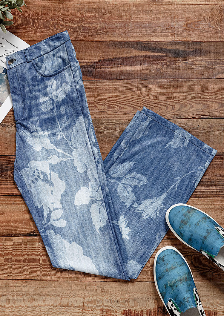 

Pants Floral Button Pocket Zipper Pants in Blue. Size