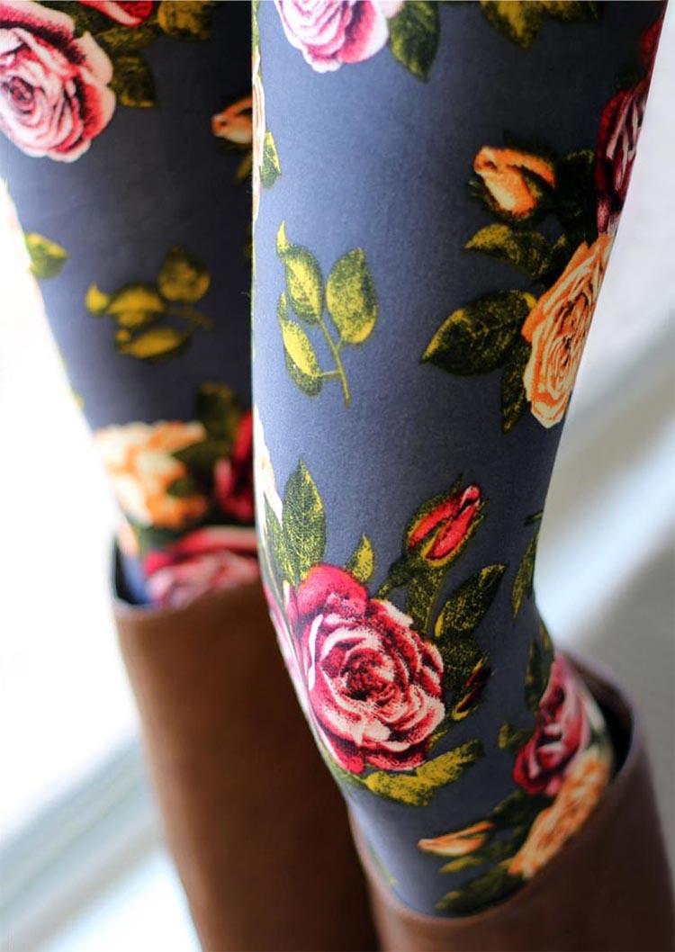 Leggings Floral Elastic Waist Skinny Leggings in Multicolor. Size: L,M,S