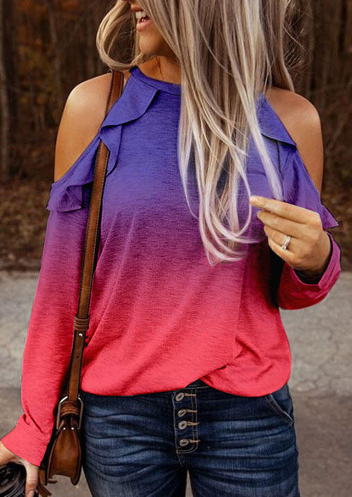 Gradient Ruffled Cold Shoulder Long Sleeve Blouse
