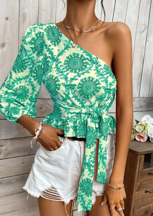 

Blouses Floral Ruffled Tie One Shoulder Blouse in Green. Size