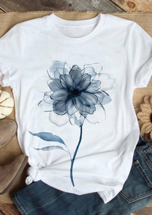 T-shirts Tees Floral O-Neck T-Shirt Tee in White. Size: S