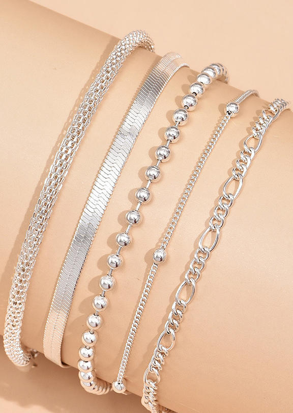 

Body Jewelry 5Pcs Simple Chain Beading Chic Anklet Set in Silver. Size