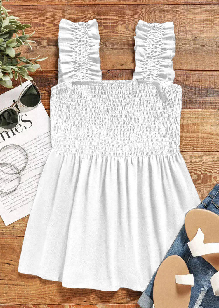 

Tank Tops Ruffled Smocked Casual Tank Top in White. Size