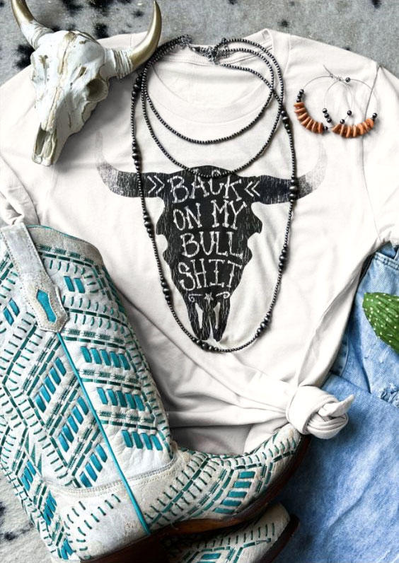

T-shirts Tees Back On My Bull Shit Steer Skull T-Shirt Tee in White. Size