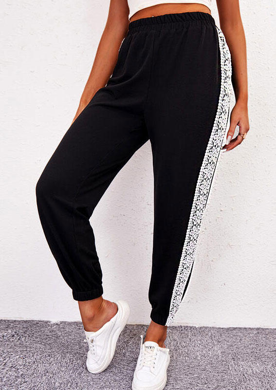 

Pants Lace Splicing Elastic Waist Pants in Black. Size: ,M,L,XL