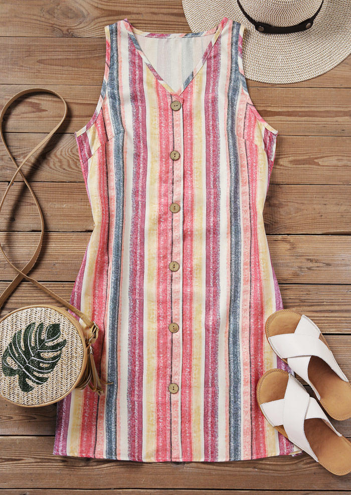 Mini Dresses Vertical Striped Button V-Neck Sleeveless Mini Dress in Multicolor. Size: M